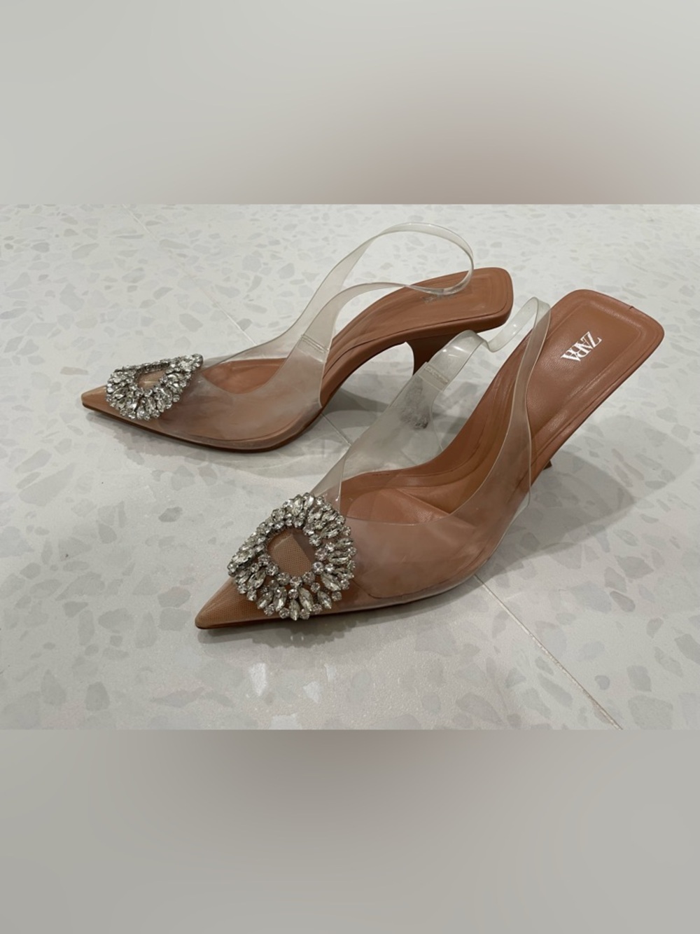 Zara Nude Tan Clear PVC Pointed Slingback Heels with Crystal Brooch